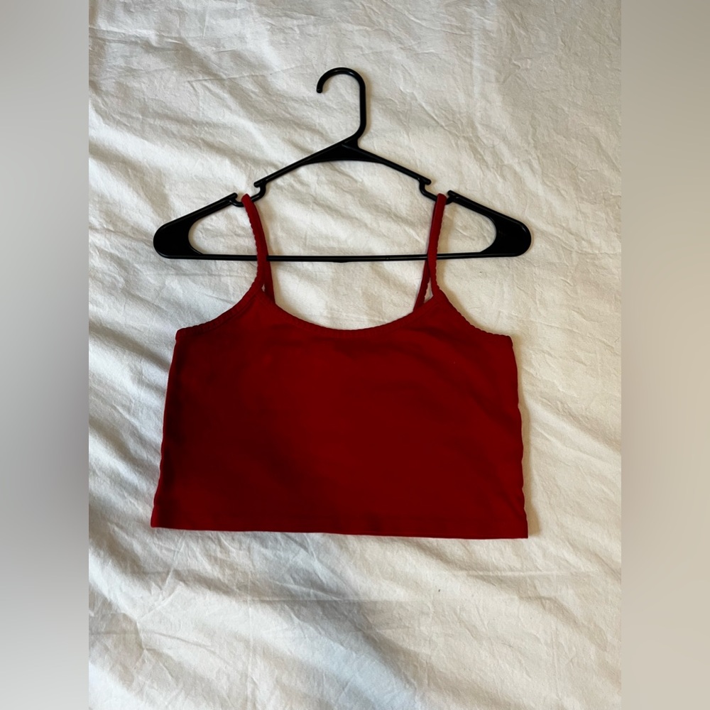 red short tank top with ruffled straps. Size: 8
